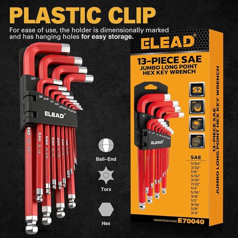 مجموعة مفاتيح ربط سداسي جامبو من ELEAD | 13 قطعة SAE 5/64"-3/4" | نهاية كروية طويلة متينة S2 | 4 بوصة - 13.5 بوصة طول | سيارات | ميكانيكي | اثاث | أدوات الصف المهنية in Kuwait