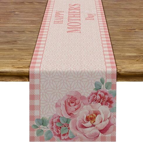 Happy Mother's Day Table Runner Buffalo Plaid Check I Love Mom Pink Floral Farmhouse Party Kitchen Dining Home Decoration in Saudi Arabia