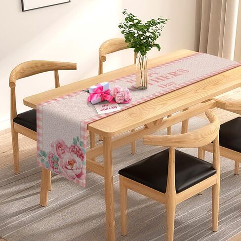 Happy Mother's Day Table Runner Buffalo Plaid Check I Love Mom Pink Floral Farmhouse Party Kitchen Dining Home Decoration in Saudi Arabia