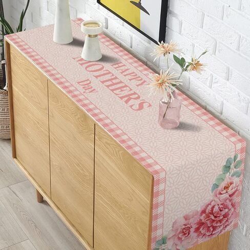 Happy Mother's Day Table Runner Buffalo Plaid Check I Love Mom Pink Floral Farmhouse Party Kitchen Dining Home Decoration in Saudi Arabia