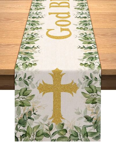 Vohado God Bless Table Runner Baptism First Holy Communion Christening Party Decoration Gold Cross Eucalyptus Leaves Home Kitchen Decor in Saudi Arabia