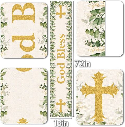 Vohado God Bless Table Runner Baptism First Holy Communion Christening Party Decoration Gold Cross Eucalyptus Leaves Home Kitchen Decor in Saudi Arabia