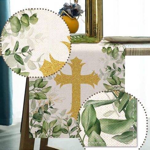 Vohado God Bless Table Runner Baptism First Holy Communion Christening Party Decoration Gold Cross Eucalyptus Leaves Home Kitchen Decor in Saudi Arabia