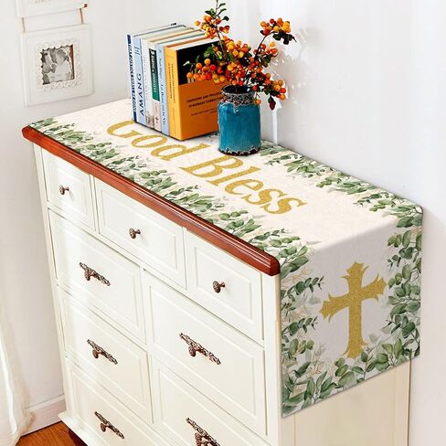 Vohado God Bless Table Runner Baptism First Holy Communion Christening Party Decoration Gold Cross Eucalyptus Leaves Home Kitchen Decor in Saudi Arabia