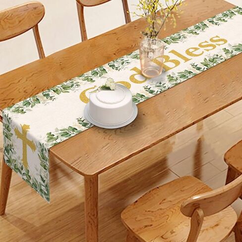 Vohado God Bless Table Runner Baptism First Holy Communion Christening Party Decoration Gold Cross Eucalyptus Leaves Home Kitchen Decor in Saudi Arabia