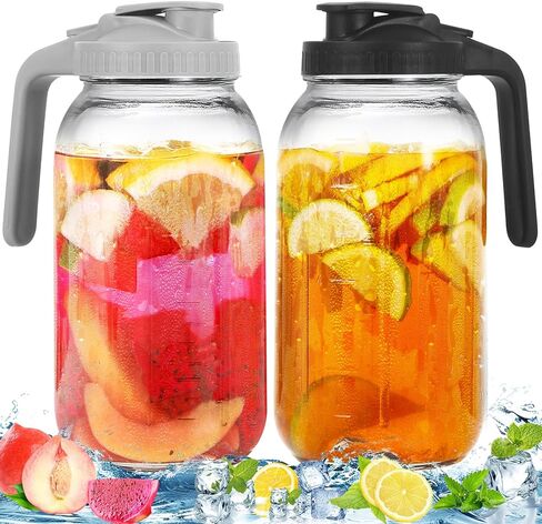 2 Pack Glass Pitchers with Lid, 64 oz Sun Tea Pitcher, Half Gallon Mason Jar Pitcher with Wide Mouth Airtight Lid for Ice Tea, Cold Brew Coffee, Fridge Water, Milk, Juices, Leak Proof Water Jug in Saudi Arabia