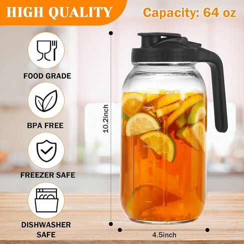 2 Pack Glass Pitchers with Lid, 64 oz Sun Tea Pitcher, Half Gallon Mason Jar Pitcher with Wide Mouth Airtight Lid for Ice Tea, Cold Brew Coffee, Fridge Water, Milk, Juices, Leak Proof Water Jug in Saudi Arabia