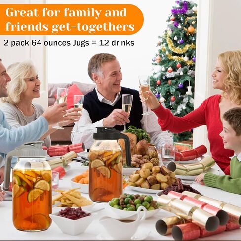 2 Pack Glass Pitchers with Lid, 64 oz Sun Tea Pitcher, Half Gallon Mason Jar Pitcher with Wide Mouth Airtight Lid for Ice Tea, Cold Brew Coffee, Fridge Water, Milk, Juices, Leak Proof Water Jug in Saudi Arabia