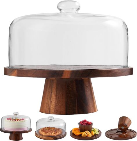 Acacia Wood Cake Stand with Glass Lid – 12" Magnetic Base, Detachable Serving Tray for Cake, Cheese, Charcuterie, Snacks & Desserts – Wooden Cake Holder for Parties & Kitchen Display in Saudi Arabia