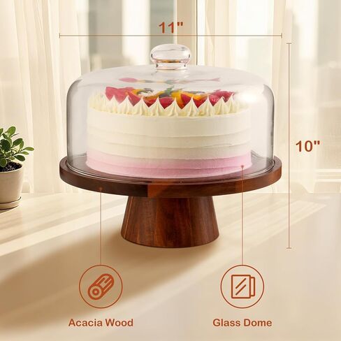 Acacia Wood Cake Stand with Glass Lid – 12" Magnetic Base, Detachable Serving Tray for Cake, Cheese, Charcuterie, Snacks & Desserts – Wooden Cake Holder for Parties & Kitchen Display in Saudi Arabia