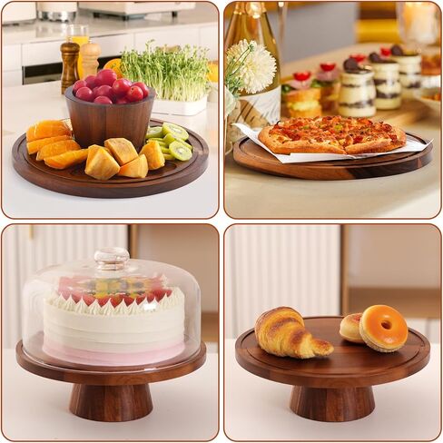 Acacia Wood Cake Stand with Glass Lid – 12" Magnetic Base, Detachable Serving Tray for Cake, Cheese, Charcuterie, Snacks & Desserts – Wooden Cake Holder for Parties & Kitchen Display in Saudi Arabia