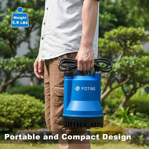 مضخة مستنقع FOTING، مضخة مياه غاطسة محمولة 1/4HP 1676GPH لإزالة المياه النظيفة والقذرة، مضخة كهربائية من البلاستيك الحراري مع سلك بطول 10 أقدام لتصريف حوض السباحة الساخن في الطابق السفلي للحديقة، أزرق in Kuwait