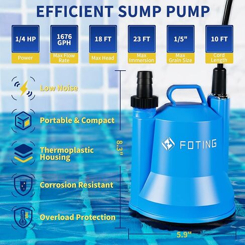 مضخة مستنقع FOTING، مضخة مياه غاطسة محمولة 1/4HP 1676GPH لإزالة المياه النظيفة والقذرة، مضخة كهربائية من البلاستيك الحراري مع سلك بطول 10 أقدام لتصريف حوض السباحة الساخن في الطابق السفلي للحديقة، أزرق in Kuwait