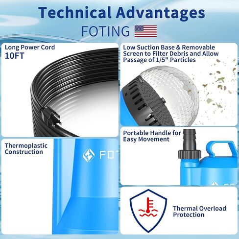 مضخة مستنقع FOTING، مضخة مياه غاطسة محمولة 1/4HP 1676GPH لإزالة المياه النظيفة والقذرة، مضخة كهربائية من البلاستيك الحراري مع سلك بطول 10 أقدام لتصريف حوض السباحة الساخن في الطابق السفلي للحديقة، أزرق in Kuwait