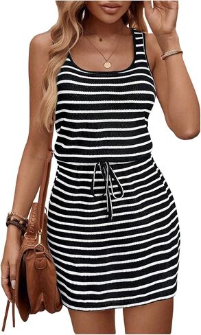 Women's Striped Scoop Neck Tank Dress Summer Drawstring Sleeveless Knit Mini Dresses in Saudi Arabia