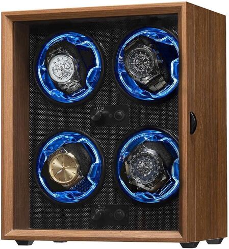 4 Watch Winder for Automatic Watches, Wooden Rotating Watch Case 4 Rotation Modes Setting Display Box with LED Light, USB Powered Super Quiet(Black Carbon Fiber) in Saudi Arabia