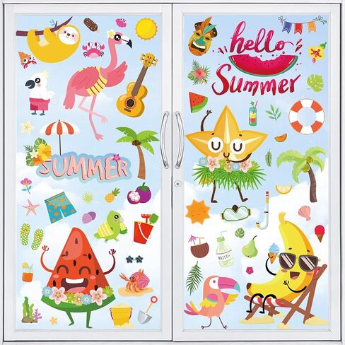 93Pcs Summer Window Clings, Double Sided Beach Hawaii Gnomes Summer Window Decals Stickers for Home Office School Holiday Party Decorations in Saudi Arabia