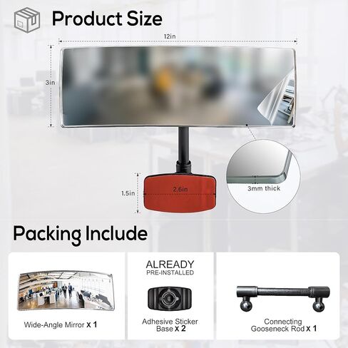 Clip On Mirror Wide Angle Computer Mirror to See Behind You 360° Rotatable Stick-On Convex Cubicle Mirrors Adjustable for Workdesk, Office, Personal Privacy and Security (1PCS HD 12" x 3") in Saudi Arabia