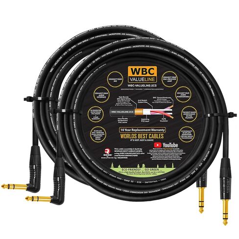 WBC-VALUELINE-2CS (22 AWG) - 2 Units - 10 Foot - Low-Capacitance Shielded Balanced Flexible Interconnect Cables with Neutrik-Rean ¼ Inch (6.35mm) Gold Angled to Straight TRS Stereo Phone Plugs in Saudi Arabia