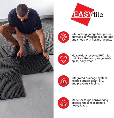 مجموعة من 12 قطعة من بلاط الأرضيات المتشابكة من EasyTile مع تصريف، وسجادات أرضية معيارية غير قابلة للانزلاق للاستخدام في المرآب وورش العمل، مقاس 18 × 18 بوصة، أسود in Kuwait