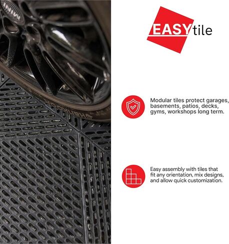 مجموعة من 12 قطعة من بلاط الأرضيات المتشابكة من EasyTile مع تصريف، وسجادات أرضية معيارية غير قابلة للانزلاق للاستخدام في المرآب وورش العمل، مقاس 18 × 18 بوصة، أسود in Kuwait