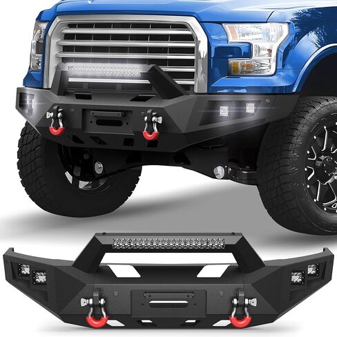 F150 Front Bumper with Winch Plate for 2018-2020 Ford F-150 (Excluding Raptor) Textured Black Bumper with D-rings, 144W Long Light Bar, License Plate Bracket in Saudi Arabia