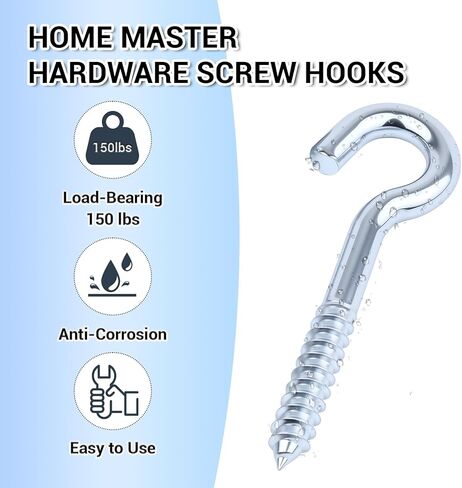 HOME MASTER HARDWARE 3/8x4.5 Steel Screw Hooks, 10-Pack Heavy Duty Eye Bolt Ceiling Hooks with Open Loop, Self Tapping Screw in Hooks for Hanging Hammock, String Lights and Plants, Zinc Plated in Saudi Arabia