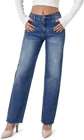 Women's Wide Leg Jeans High Waisted Stretchy Petite-Friendly - Frayed Raw Hem Casual Straight Leg Pants in Saudi Arabia