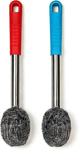 2PCS Steel Wool Scrubber with Handle Rustproof, Cast Iron Scrubber, Stubborn Messes Pot Brush, Remove Dirt for Cleaning Stoves,Sinks Dishes Grills Bowls & Metal Wire Sponge for Kitchens,Bathroom in Saudi Arabia