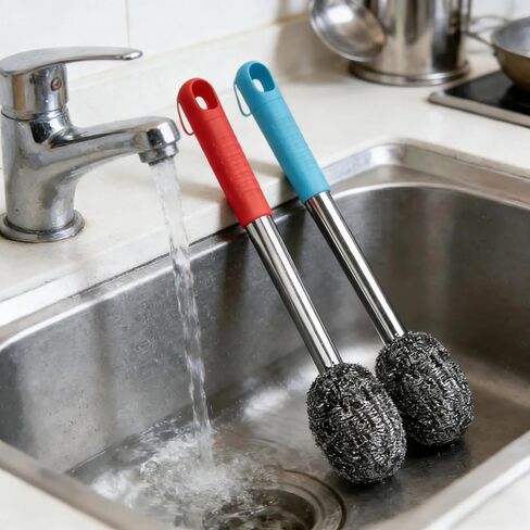 2PCS Steel Wool Scrubber with Handle Rustproof, Cast Iron Scrubber, Stubborn Messes Pot Brush, Remove Dirt for Cleaning Stoves,Sinks Dishes Grills Bowls & Metal Wire Sponge for Kitchens,Bathroom in Saudi Arabia
