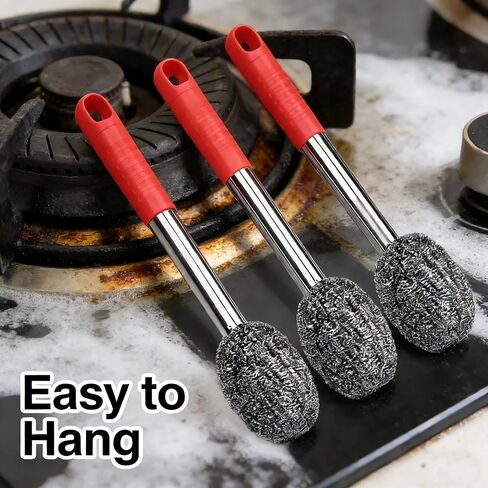 2PCS Steel Wool Scrubber with Handle Rustproof, Cast Iron Scrubber, Stubborn Messes Pot Brush, Remove Dirt for Cleaning Stoves,Sinks Dishes Grills Bowls & Metal Wire Sponge for Kitchens,Bathroom in Saudi Arabia