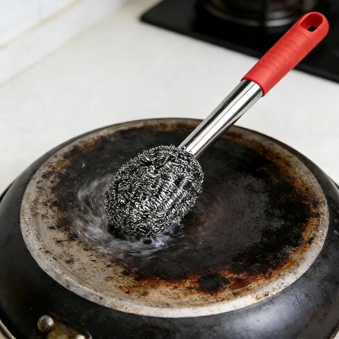 2PCS Steel Wool Scrubber with Handle Rustproof, Cast Iron Scrubber, Stubborn Messes Pot Brush, Remove Dirt for Cleaning Stoves,Sinks Dishes Grills Bowls & Metal Wire Sponge for Kitchens,Bathroom in Saudi Arabia
