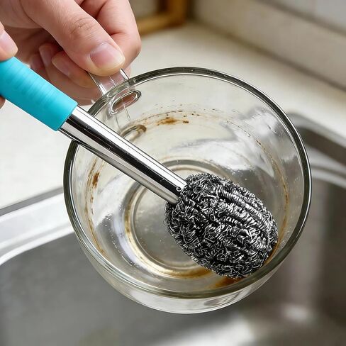2PCS Steel Wool Scrubber with Handle Rustproof, Cast Iron Scrubber, Stubborn Messes Pot Brush, Remove Dirt for Cleaning Stoves,Sinks Dishes Grills Bowls & Metal Wire Sponge for Kitchens,Bathroom in Saudi Arabia