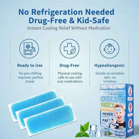 Cooling Gel Sheets for Forehead and Neck, Mint Scent - Single Pre-Moistened Patch 5 x 2 Inch, No Refrigeration Needed, Individually Wrapped, Non-Greasy, Portable for Adults and Kids in Saudi Arabia
