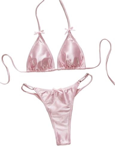 Floerns Women's Cute Satin Thong Bikini Sets Triangle Swimsuit Halter String Bathing Suit in Saudi Arabia
