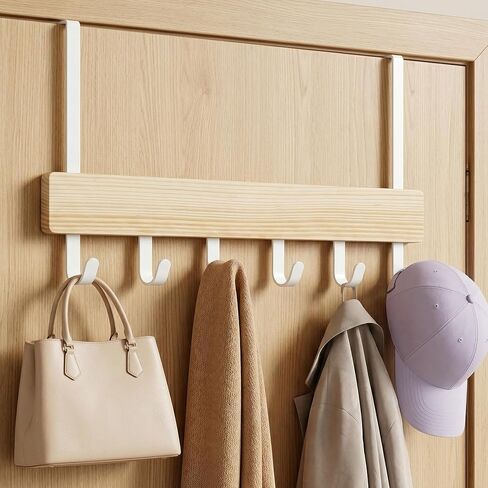 Peasulin Long Over the Door Hooks, 11IN Extended Wide Over the Door Hook Rack, 6 Door Hooks for Hanging, Sturdy Natural Wood & Metal Door Hanger, Door Towel Rack for Bathroom Bedroom Closet Entryway in Saudi Arabia
