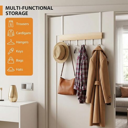 Peasulin Long Over the Door Hooks, 11IN Extended Wide Over the Door Hook Rack, 6 Door Hooks for Hanging, Sturdy Natural Wood & Metal Door Hanger, Door Towel Rack for Bathroom Bedroom Closet Entryway in Saudi Arabia