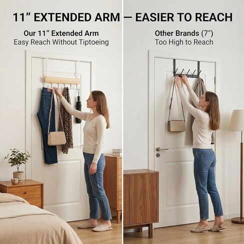 Peasulin Long Over the Door Hooks, 11IN Extended Wide Over the Door Hook Rack, 6 Door Hooks for Hanging, Sturdy Natural Wood & Metal Door Hanger, Door Towel Rack for Bathroom Bedroom Closet Entryway in Saudi Arabia