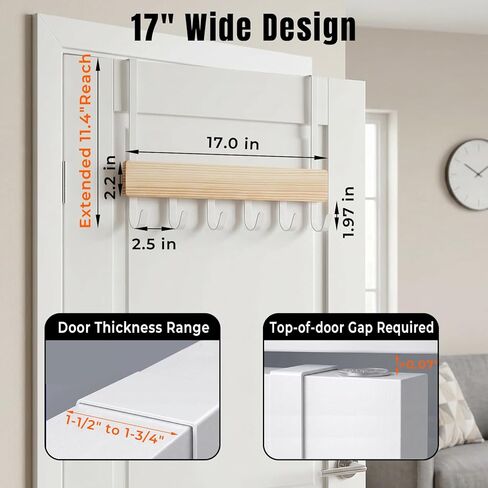 Peasulin Long Over the Door Hooks, 11IN Extended Wide Over the Door Hook Rack, 6 Door Hooks for Hanging, Sturdy Natural Wood & Metal Door Hanger, Door Towel Rack for Bathroom Bedroom Closet Entryway in Saudi Arabia