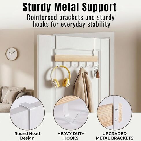 Peasulin Long Over the Door Hooks, 11IN Extended Wide Over the Door Hook Rack, 6 Door Hooks for Hanging, Sturdy Natural Wood & Metal Door Hanger, Door Towel Rack for Bathroom Bedroom Closet Entryway in Saudi Arabia