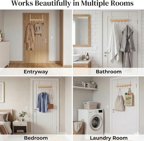 Peasulin Long Over the Door Hooks, 11IN Extended Wide Over the Door Hook Rack, 6 Door Hooks for Hanging, Sturdy Natural Wood & Metal Door Hanger, Door Towel Rack for Bathroom Bedroom Closet Entryway in Saudi Arabia