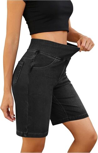 Stretchy Jean Shorts for Women Elastic Waist High Waisted Tummy Control Bermuda Shorts Pull On Jorts Denim Pants in Saudi Arabia