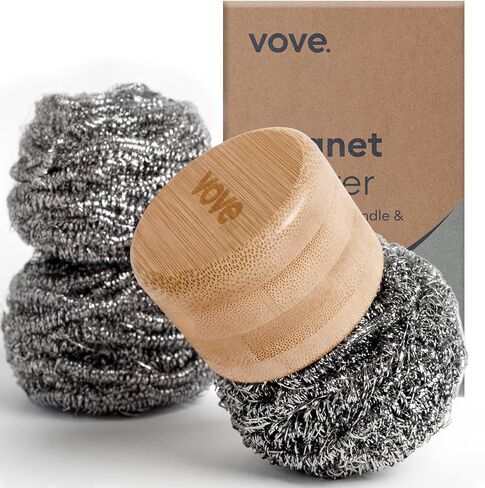 Vove Magnetic Scourer – Rust-Free Stainless Steel Scrubber with FSC-Certified Bamboo Handle, 3 Replacement Pads, for Cast Iron, Pots & Pans, Plastic-Free Zero Waste Cleaner in Saudi Arabia