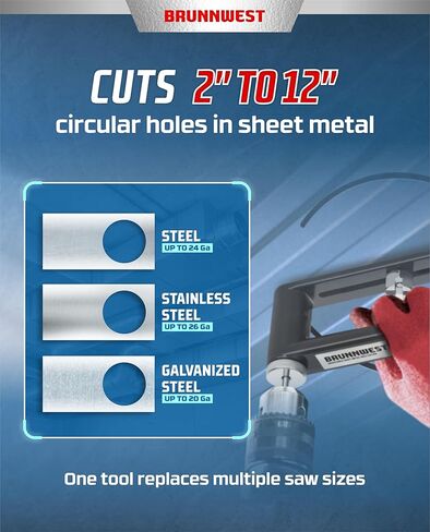 Sheet Metal Hole Cutter with 2 EXTRA BITS HVAC Duct Hole Cutter Adjustable Sheet Metal Circle Cutters for Ductwork Roofing Ceiling Installs 2-12" Circles Holes in 24Ga Steel & 26Ga Stainless in Saudi Arabia