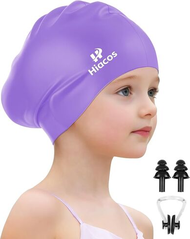Silicone Swim Cap for Kids Ages 3-15, 2 Size Waterproof Swimming Hats for Long Hair and Short Hair, Boys Girls Bathing Caps, Deep Purple in Saudi Arabia