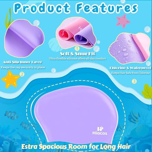 Silicone Swim Cap for Kids Ages 3-15, 2 Size Waterproof Swimming Hats for Long Hair and Short Hair, Boys Girls Bathing Caps, Deep Purple in Saudi Arabia