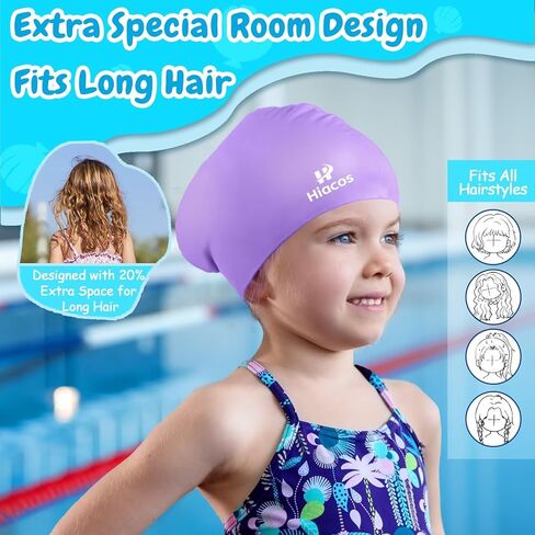 Silicone Swim Cap for Kids Ages 3-15, 2 Size Waterproof Swimming Hats for Long Hair and Short Hair, Boys Girls Bathing Caps, Deep Purple in Saudi Arabia