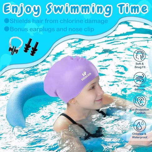 Silicone Swim Cap for Kids Ages 3-15, 2 Size Waterproof Swimming Hats for Long Hair and Short Hair, Boys Girls Bathing Caps, Deep Purple in Saudi Arabia