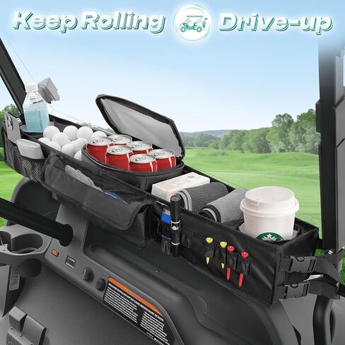 سلة تخزين أمامية لعربة الجولف بدون حفر من DRIVE UP مناسبة لـ Yamaha G29، EZGO TXT، عربات الجولف السابقة لنادي السيارات، صينية تخزين أكسفورد 1680D مع حاملات أكواب معزولة in Saudi Arabia
