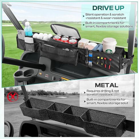 سلة تخزين أمامية لعربة الجولف بدون حفر من DRIVE UP مناسبة لـ Yamaha G29، EZGO TXT، عربات الجولف السابقة لنادي السيارات، صينية تخزين أكسفورد 1680D مع حاملات أكواب معزولة in Saudi Arabia